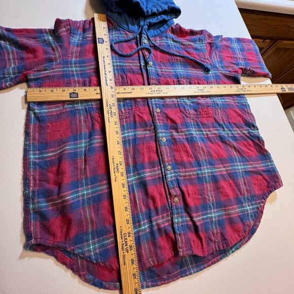 American Eagle Distressed Hooded Flannel Womens Large Red Navy Plaid Cabincore - Picture 4 of 9